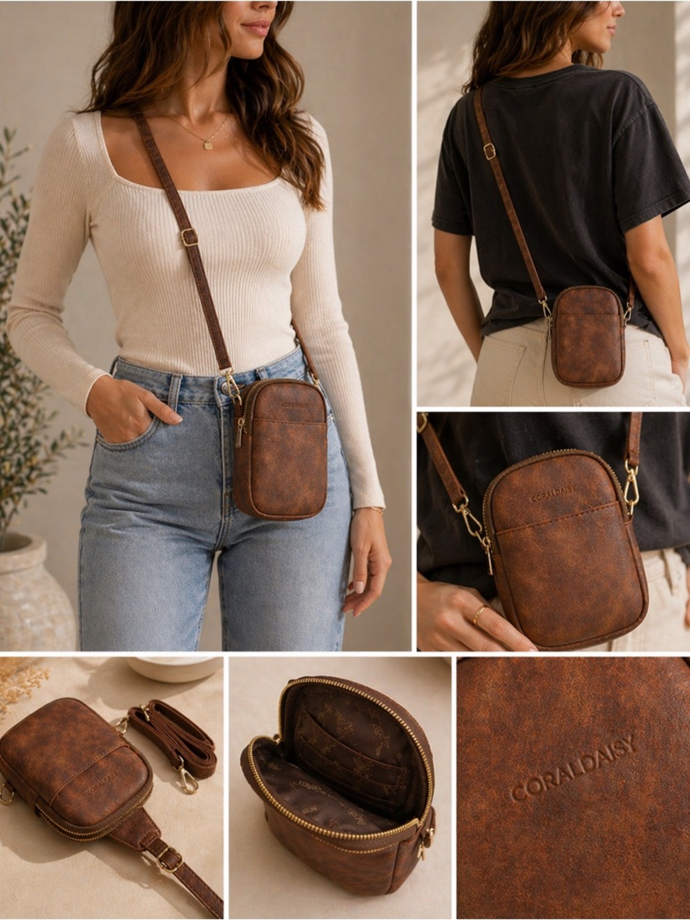 Brown Leather Crossbody Bag Mini Phone Purse Gold Hardware Adjustable Strap